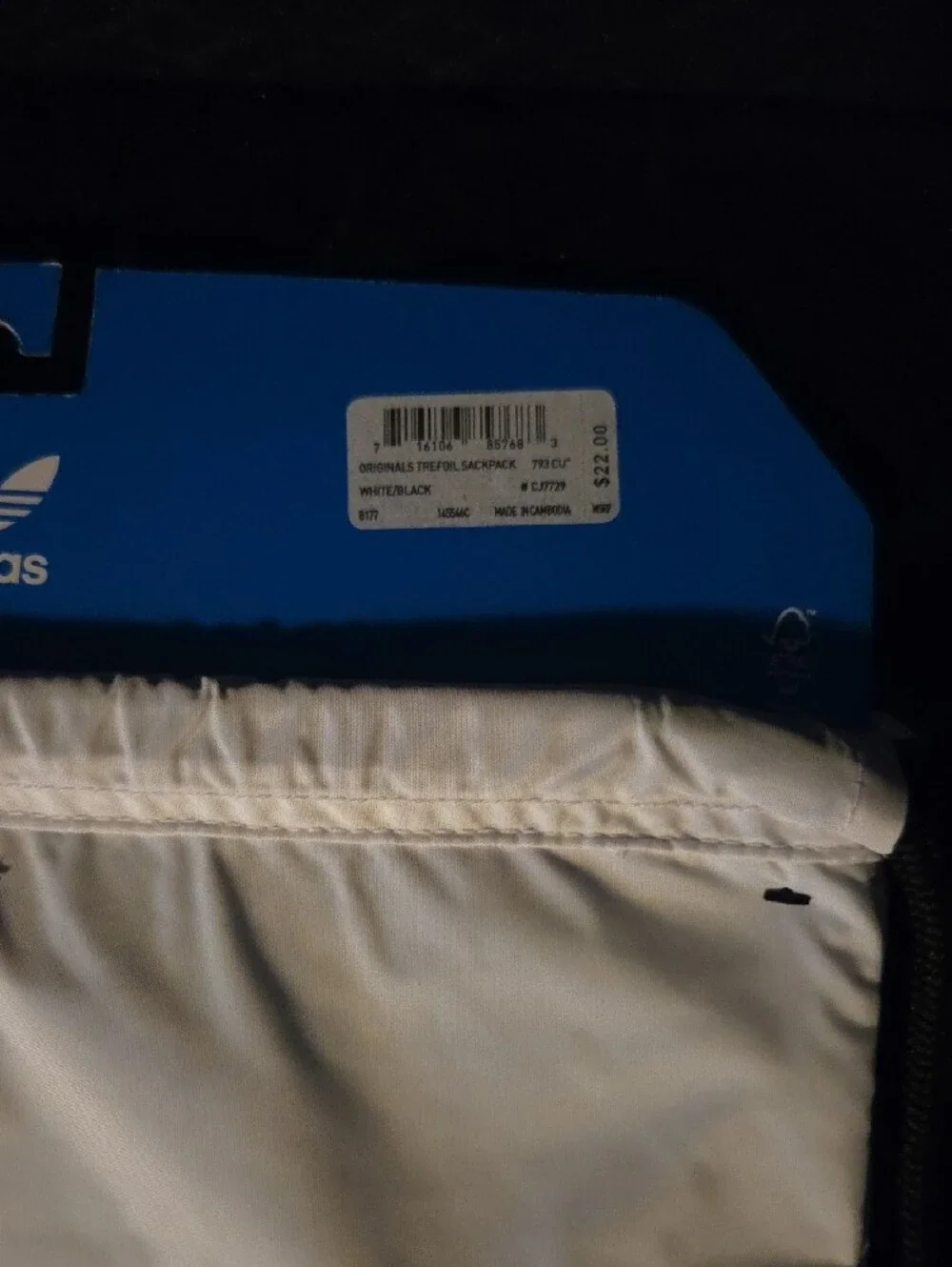adidas White Drawstring Backpack with Black Trefoil Logo